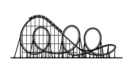 A detailed black and white illustration depicts a complex roller coaster with riders presented as a striking silhouette high quality © Komla02