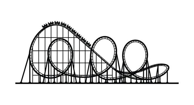 A detailed black and white illustration depicts a complex roller coaster with riders presented as a striking silhouette high quality