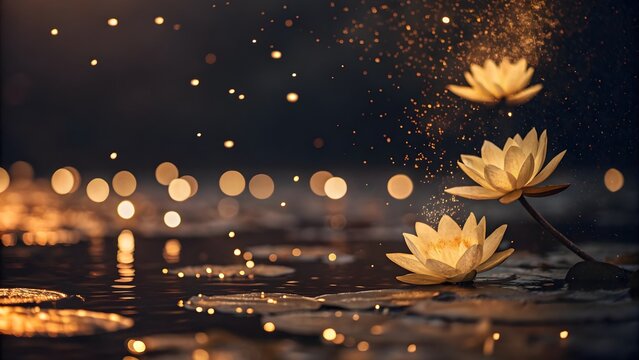 Golden Light Lotus Flowers Floating on Water with Bokeh and Sparkling Particles