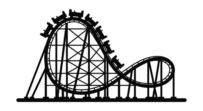 A detailed black and white illustration depicts a thrilling rollercoaster structure against a plain background silhouette high quality