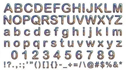 font alphabet in iridescent shimmer style from a to z numbers punctuation isolated on white background