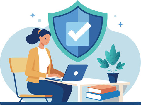 A teacher securing online exams with digital protection methods against cheating and data breaches, vector graphic.
