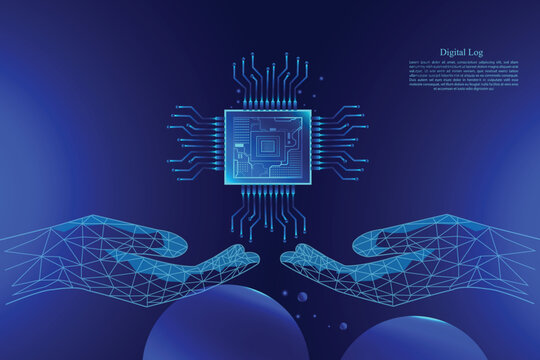 Digital technology concept with glowing microchip in hands