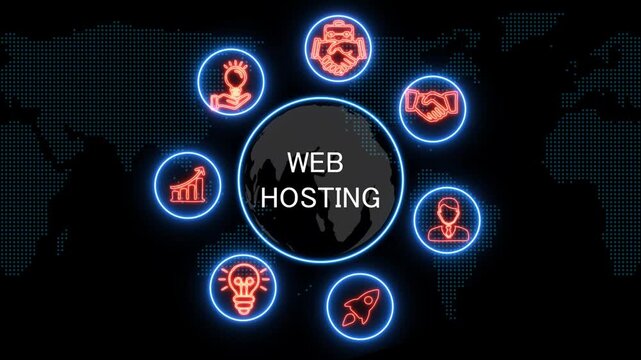 shows glowing neon line banner of web hosting concept with icons of business, responsibility, customers, integrity, goals, teamwork, commitment and innovation .4k