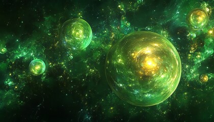 Fototapeta premium Celestial Spheres of Emerald Radiance Surrounded by Cosmic Blooms in a Gradient of Green Hues