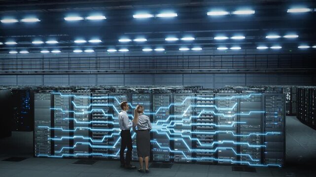 IT Specialist and Engineer Stand in data center, work, Activating Network Overlay Across Server Racks. Verify Connections, Monitor System During Cloud Infrastructure Cybersecurity Operations
