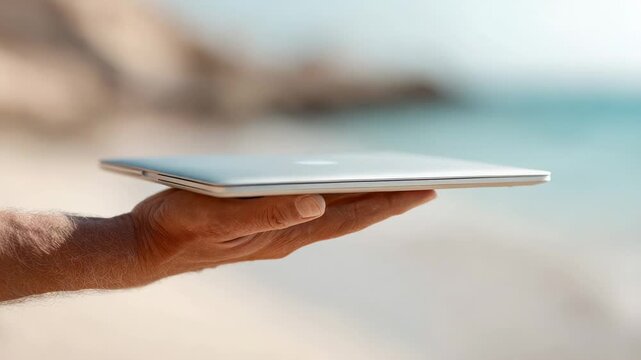 Senior man showcasing a laptop on a beautiful beach, representing the freedom and flexibility of remote work and the work and travel lifestyle
