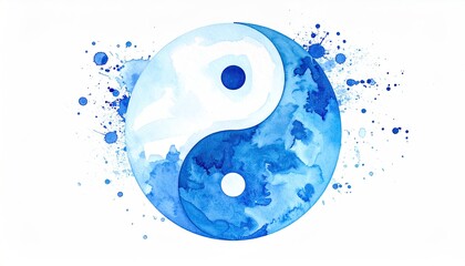 Abstract Watercolor Yin Yang Symbol of Balance and Harmony in Blue.