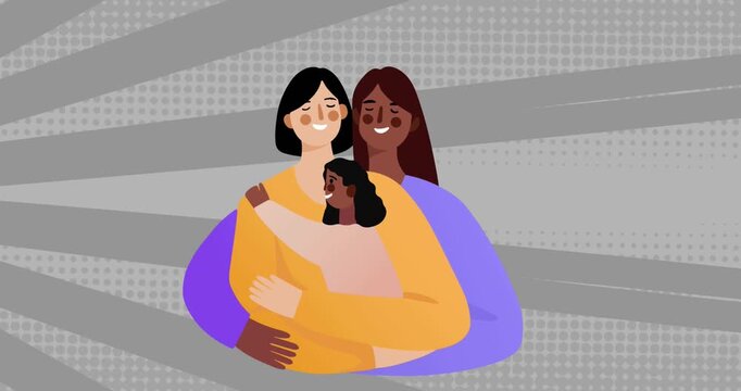 Animation of diverse lesbians coupe holding a daughter icon against radial grey background
