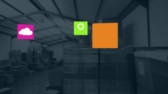 Animation of network with icons and cloud and data processing over boxes in warehouse