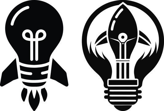 Light bulb icons symbolizing startup launch and creative innovation  breakthrough ideas and fast tracked concept. Bulb and rocket ship silhouettes for ambition business growth and technology designs.