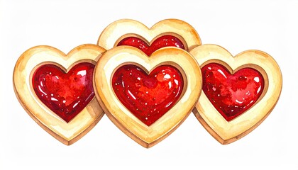 Watercolor illustration of delicious heart shaped cookies filled with red jam.
