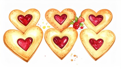 Watercolor heart shaped cookies with red jam filling and berries illustration.