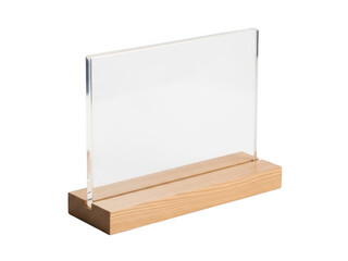 Clear glass sign holder with wooden base isolated on transparent background