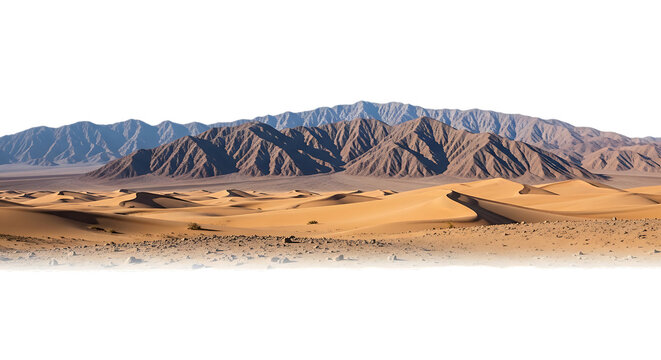 Desert landscape with sand dunes and mountains isolated on a transparent background arid