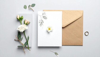 Elegant wedding invitation card with flower and envelope flat lay.