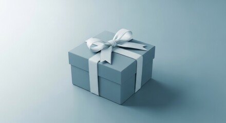 Fototapeta premium Blue gift box tied with a white ribbon, top-down angle, on a soft blue backdrop
