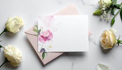 Elegant Wedding Invitation Card with Roses and Envelope on Marble Surface.