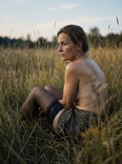 &auml;ltere Frau mit Strumpfhose sitzt in der Wiese