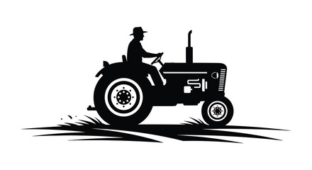 A striking black silhouette depicts a farmer driving a vintage tractor through a grassy field silhouette high quality © Komla02
