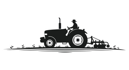 A striking black silhouette depicts a farmer operating a vintage tractor in a field representing rural life silhouette