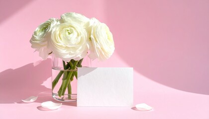Elegant white ranunculus flowers in a vase with a blank card on a pink background.
