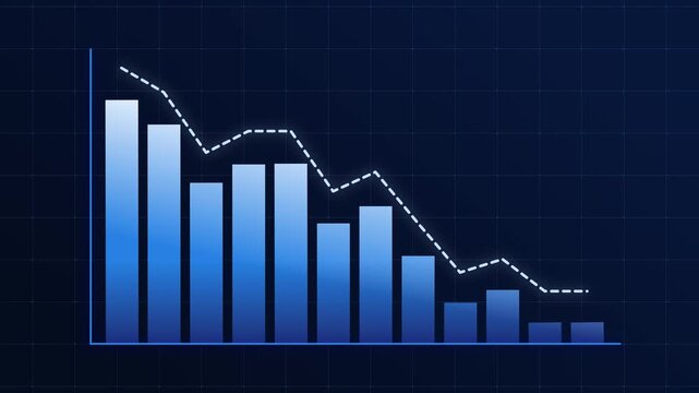Animated blue business loss bar chart with downward trend line. Illustrating sales decrease, financial downturn, and negative market performance 