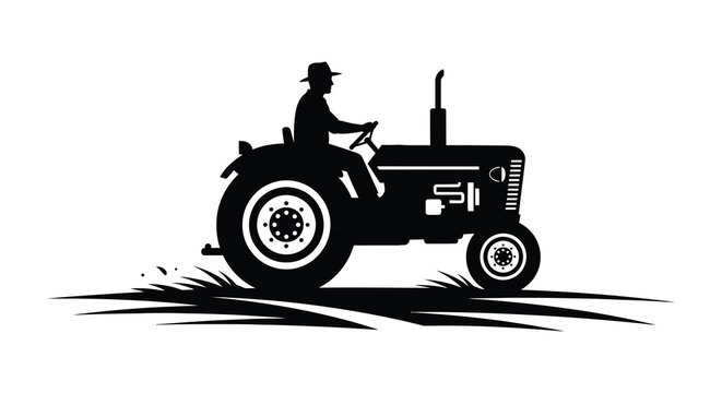 A striking black silhouette depicts a farmer driving a vintage tractor through a grassy field silhouette high quality