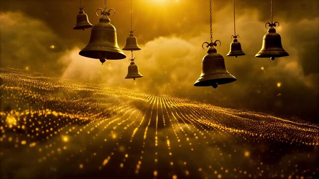 Ancient divine bells ringing as golden particles ripple through the clouds, 8K, 2026