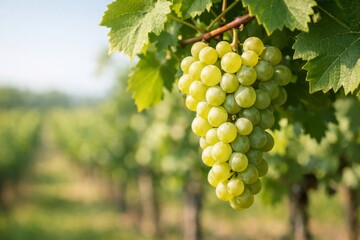 Fototapeta premium A close-up of ripe green grapes hanging from a vine, surrounded by lush green leaves in a vineyard setting.