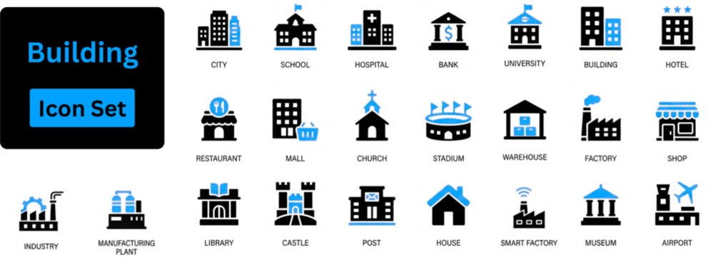 Building icon set. House and building icon collection containing skyscraper, factory, bank, shop, house and more. solid vector icons