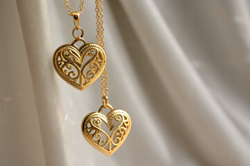 two gold jewelry hearts on a chain