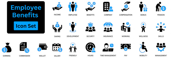 Employee Benefits icon set contain health, insurance, retirement, financial, job, ,and workplace rewards for hr, corporate, support, career, ,and business projects. Solid vector icon set. 