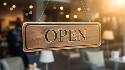 Elegant Dark Wood Open Sign Hanging in Cozy Cafe Window