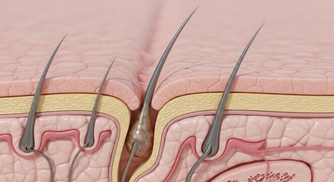 Cross-section of skin with visible hair follicles and layers