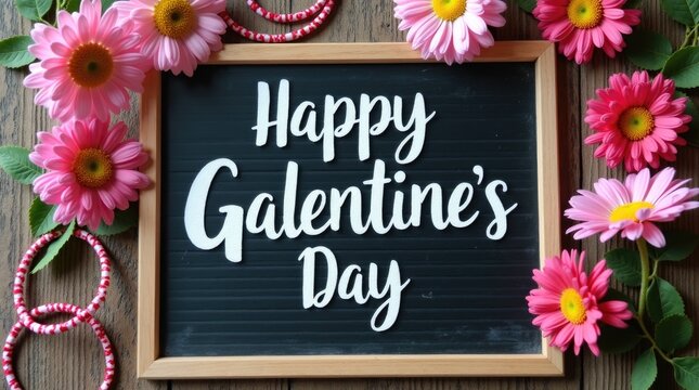 "Happy Galentine's Day" calligraphy on a chalkboard surrounded by friendship bracelets and daisy flowers, rustic craft party flat lay, handmade charm, textured background