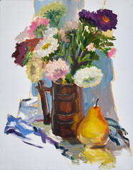 Obraz premium Autumn still life with asters bouquet in a mug. Oil painting on canvas by artist Inna Prityazhnyuk.