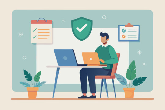 A teacher creating a safe digital classroom policy to establish rules for online behavior and cybersecurity, vector graphic.