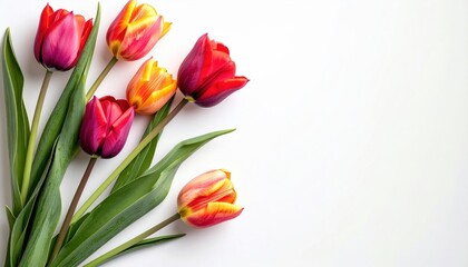 A stunning display of colorful tulips with fresh green leaves on a white background, highlighting the beauty of spring blooms.