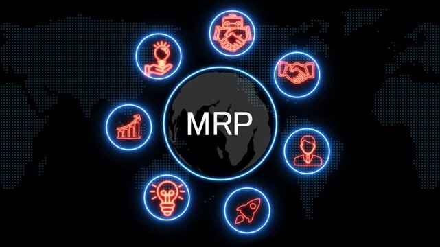 shows glowing neon line banner of MRP concept with icons of business, responsibility, customers, integrity, goals, teamwork, commitment and innovation .4k