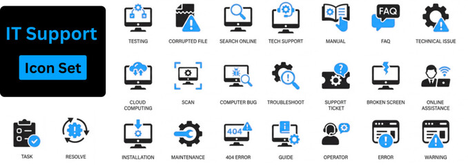 IT Support icon set. IT support and troubleshooting icons including tech support, operator, scan, maintenance, warning, troubleshooting, cloud computing, computer repair. solid icon set