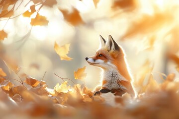Obraz premium Adorable fox cub in autumn leaves with sunlit bokeh background