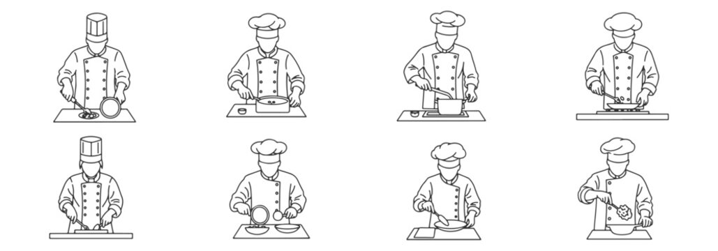Architectural Vector Top View: Chefs in Uniform Cooking and Working for Commercial Kitchen and Restaurant Floor Plans