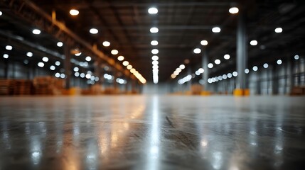 Naklejka premium Industrial warehouse interior with a polished concrete floor reflecting bright overhead lights