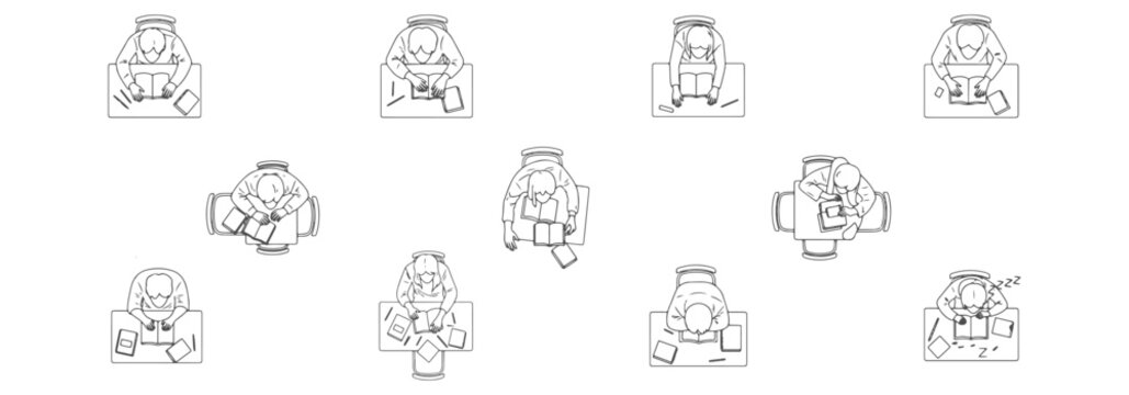 Architectural Vector Top View Outline: Students Studying, Working in Groups, and Resting for Library and University Floor Plans