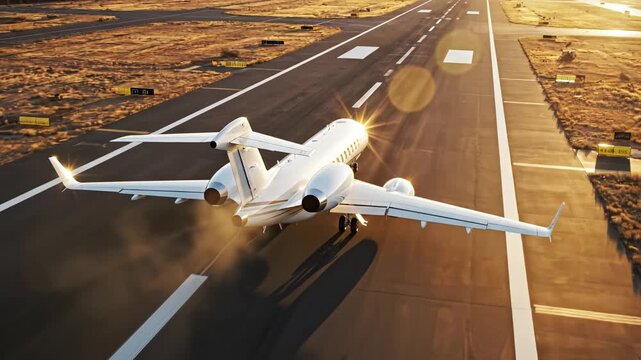 Private jet on runway at sunset