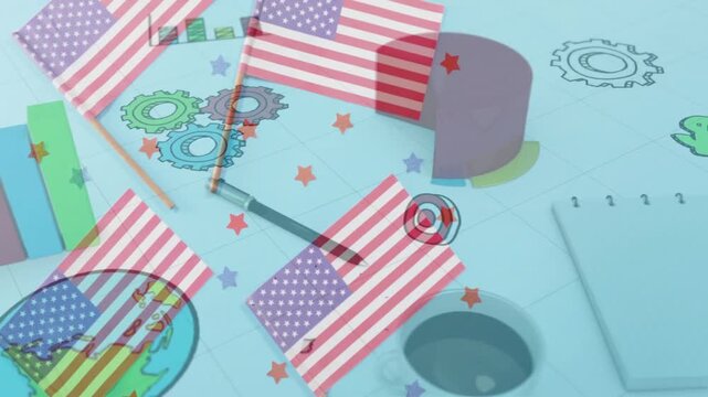 American flags and financial symbols over charts and graphs animation