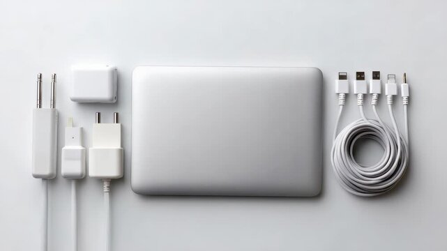 Multiple sets of a closed laptop computer, power adapter, various charging cables, and other accessories are neatly arranged on a white background, creating a clean and organized visual