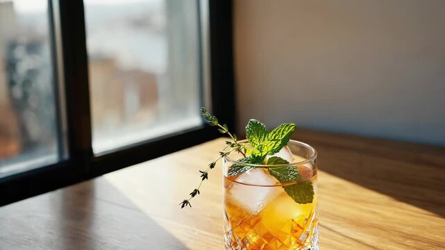 A glass of shrub soda with ice cubes and fresh mint garnish on a wooden table. The drink has a sparkling appearance and a vibrant color.
