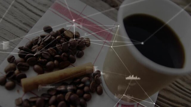 White coffee cup resting on striped napkin beside cinnamon stick, beans forming under network lines